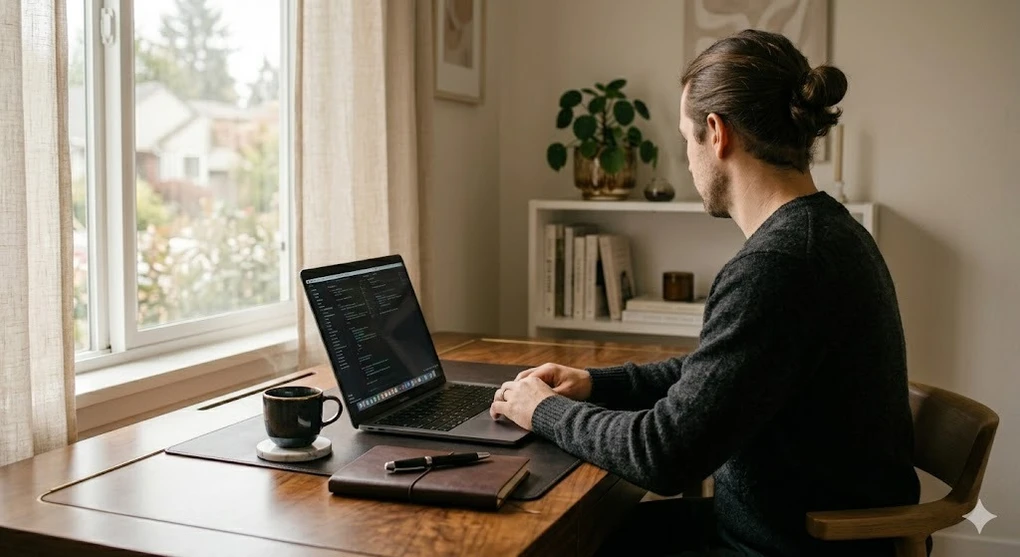 A person working on a laptop at a sunlit home desk, with a coffee mug and notebook