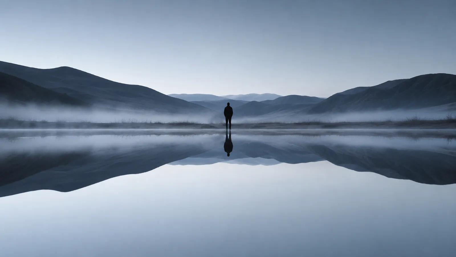 A lone figure in silhouette stands at the edge of a perfectly still lake at dawn, mist on the water, bare hills mirrored exactly in the surface below