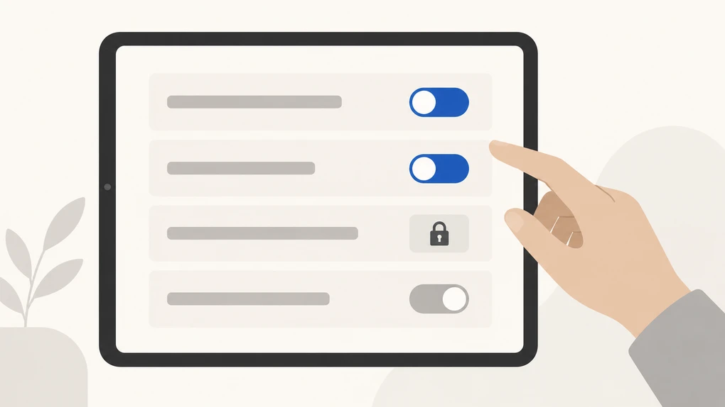A hand reaching toward a row of settings toggles on a screen. Two are switched off in blue, and the third is greyed out with a small padlock beside it