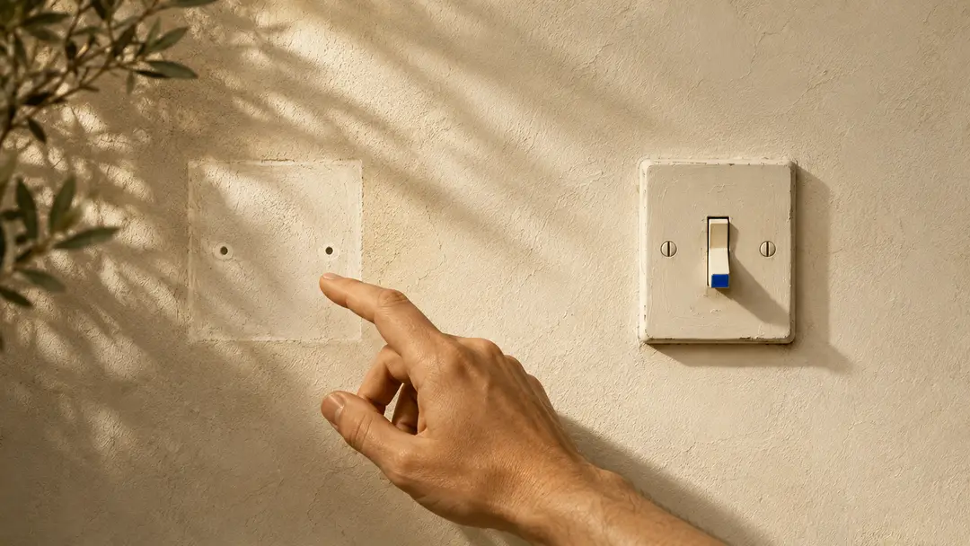 A hand reaching for a pale faded rectangle on a plaster wall where a light switch used to be, with two empty screw holes left behind. The real switch now sits further to the right, out of reach