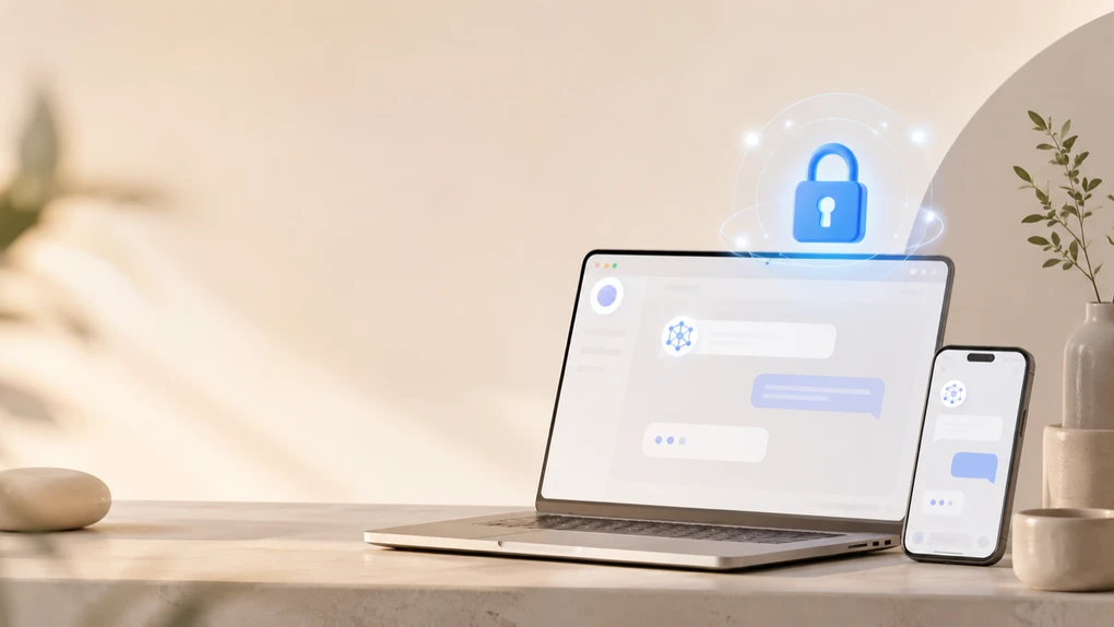 A laptop and phone on a warm, sunlit desk showing an AI chat app, with a glowing blue padlock icon floating above the screen