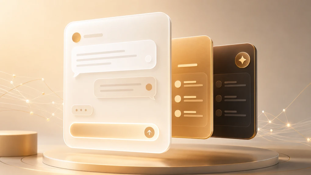 Three chat-window panels stacked on a podium in warm gold, standing in for ChatGPT free and paid plans