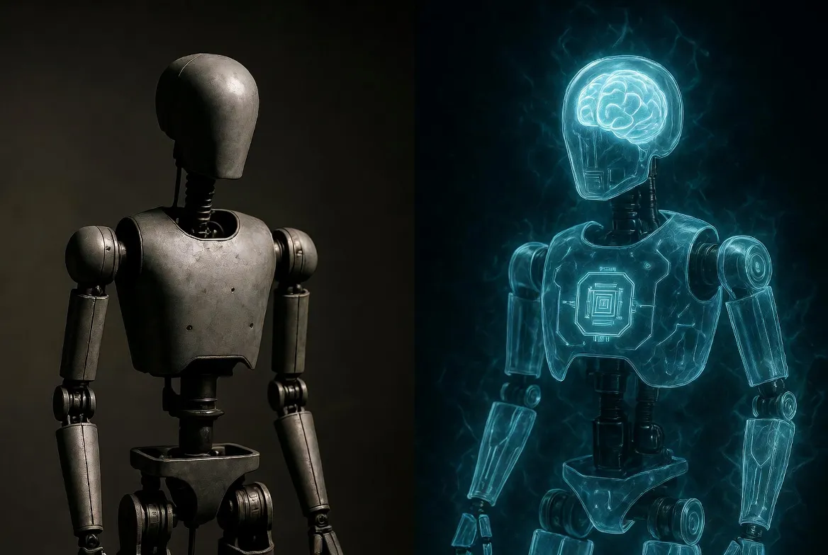 A humanoid robot shown twice side by side: powered off and inert on the left, powered on with a glowing AI 'brain' visible inside its head and chest on the right