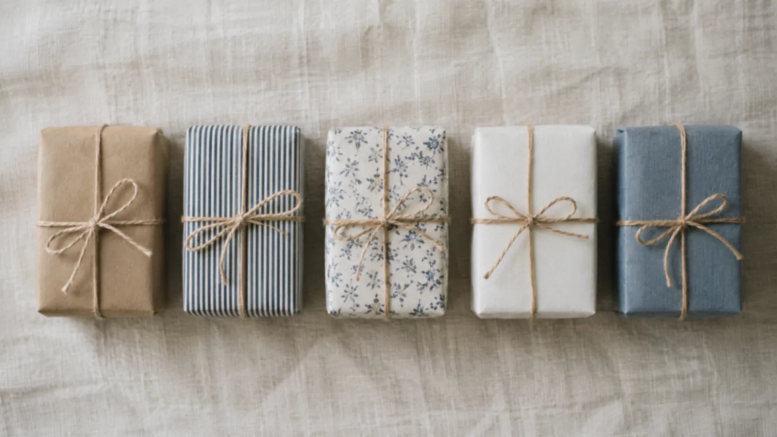 Five parcels of exactly the same size and shape, each wrapped in a different paper and tied with twine