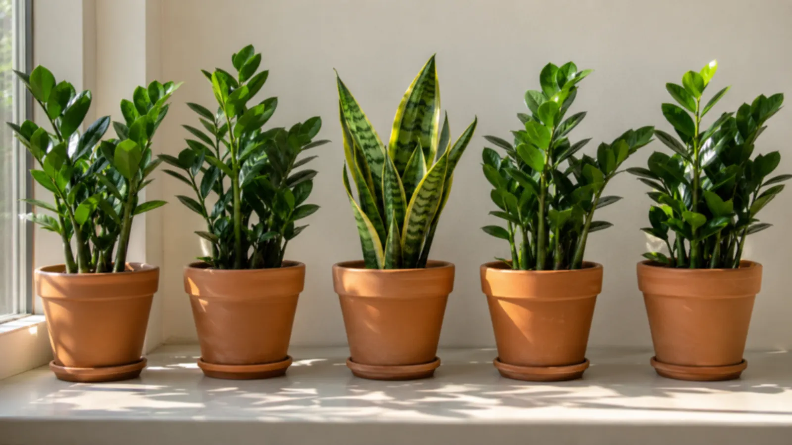 Five houseplants in identical terracotta pots on a sunny windowsill: four ZZ plants and, third from the left, a snake plant