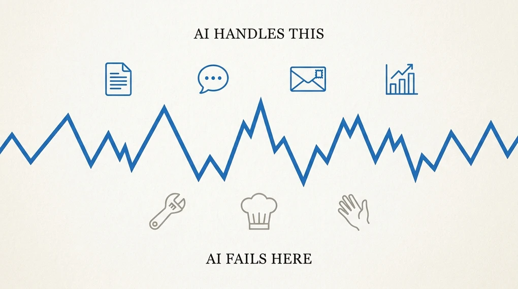 A jagged blue zigzag line runs across the frame; above it, labeled "AI handles this", float icons of a document, a chat bubble, an envelope and a chart; below it, labeled "AI fails here", sit icons of a wrench, a chef's hat and a hand