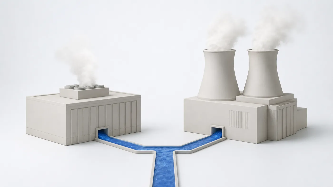 A low data center building and a power station with two cooling towers, both venting steam, fed by a single blue stream of water that forks in two