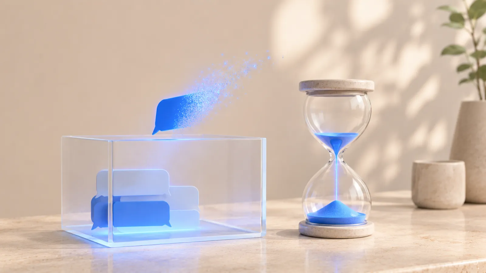 A glass archive box holding blue chat bubbles next to an hourglass, with one bubble dissolving into particles as it leaves the box