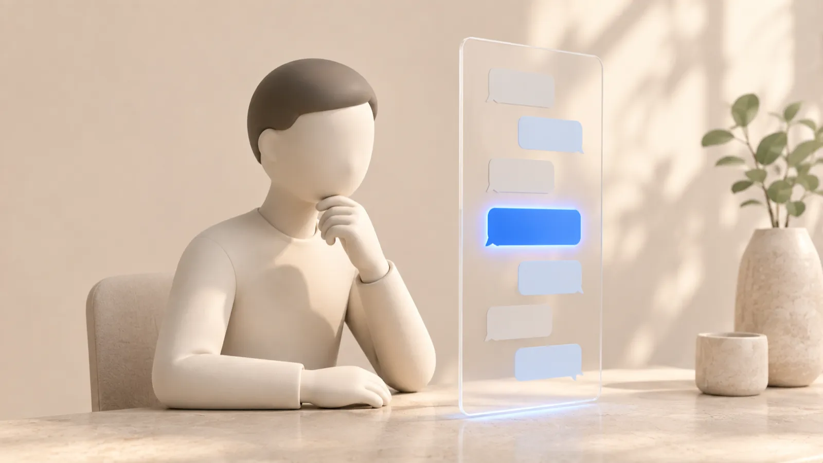 A faceless 3D figure sits at a desk studying a glass panel of chat bubbles, with one bubble lit up in blue