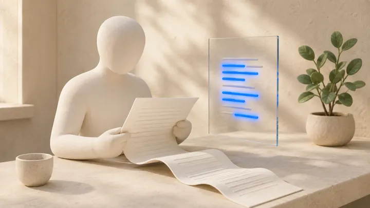 A faceless clay figure reads a long unfurled document at a desk, beside a glass pane where several lines glow blue as if highlighted