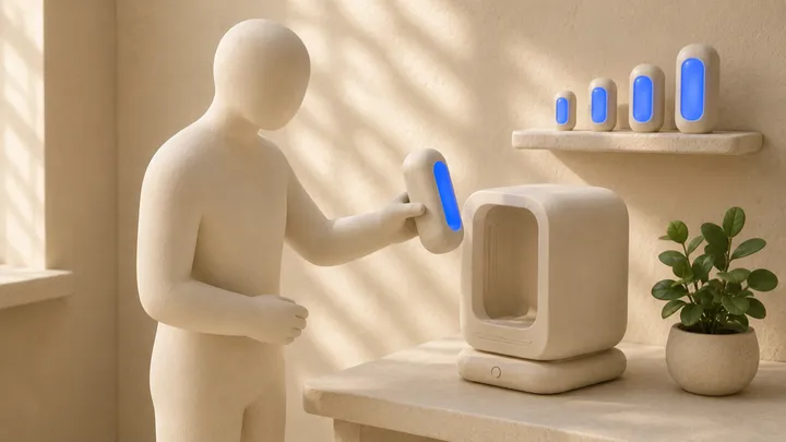 A faceless clay figure fits one of four blue-lit cartridges into a slot in a pale clay device, the other three lined up on a shelf behind
