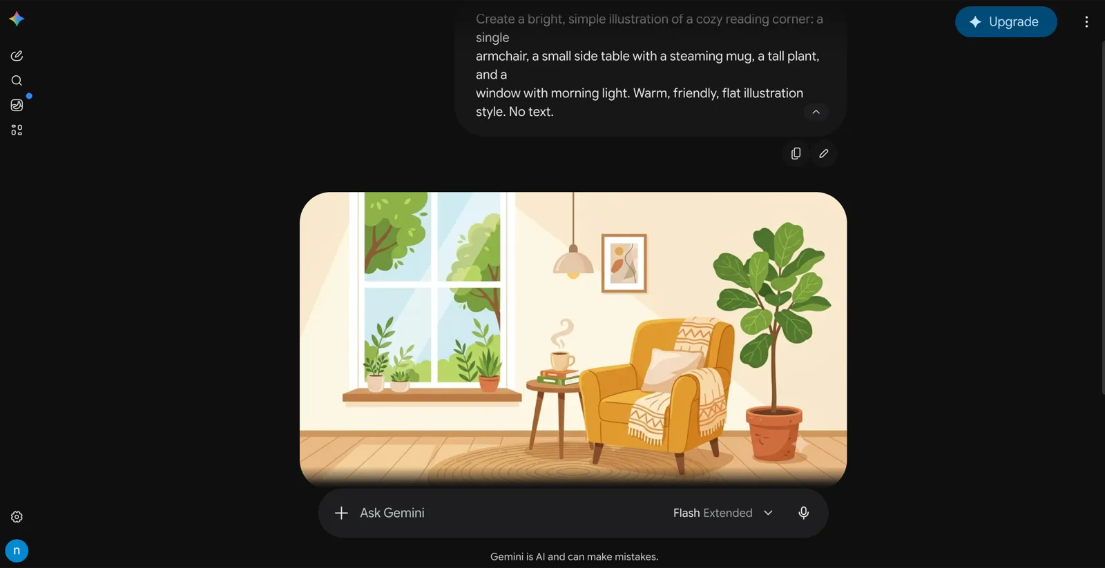 The Gemini web app turning a typed prompt into a flat illustration of a cozy reading corner with an armchair, a plant, and a sunlit window