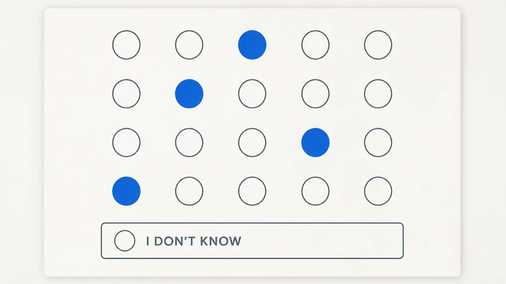 A multiple-choice answer sheet where a bubble is filled in blue at random on three rows, while the wider box labeled "I don't know" at the bottom is left completely blank