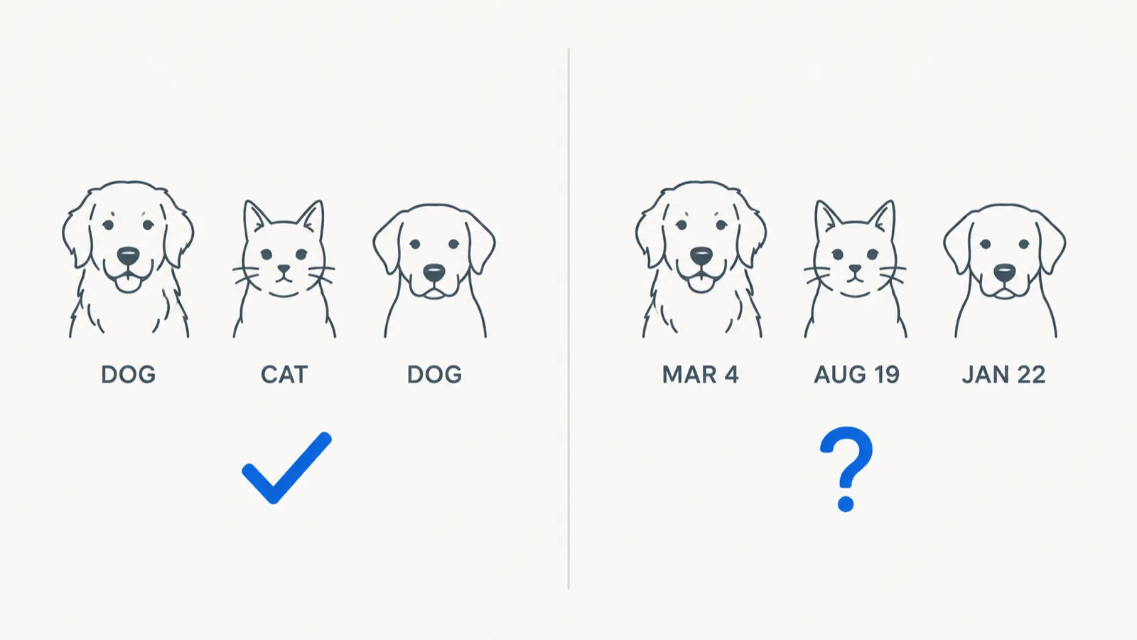 Two panels of the same three pet drawings. On the left they are labeled dog, cat and dog with a blue tick below. On the right the same drawings are labeled with dates and a blue question mark sits below them
